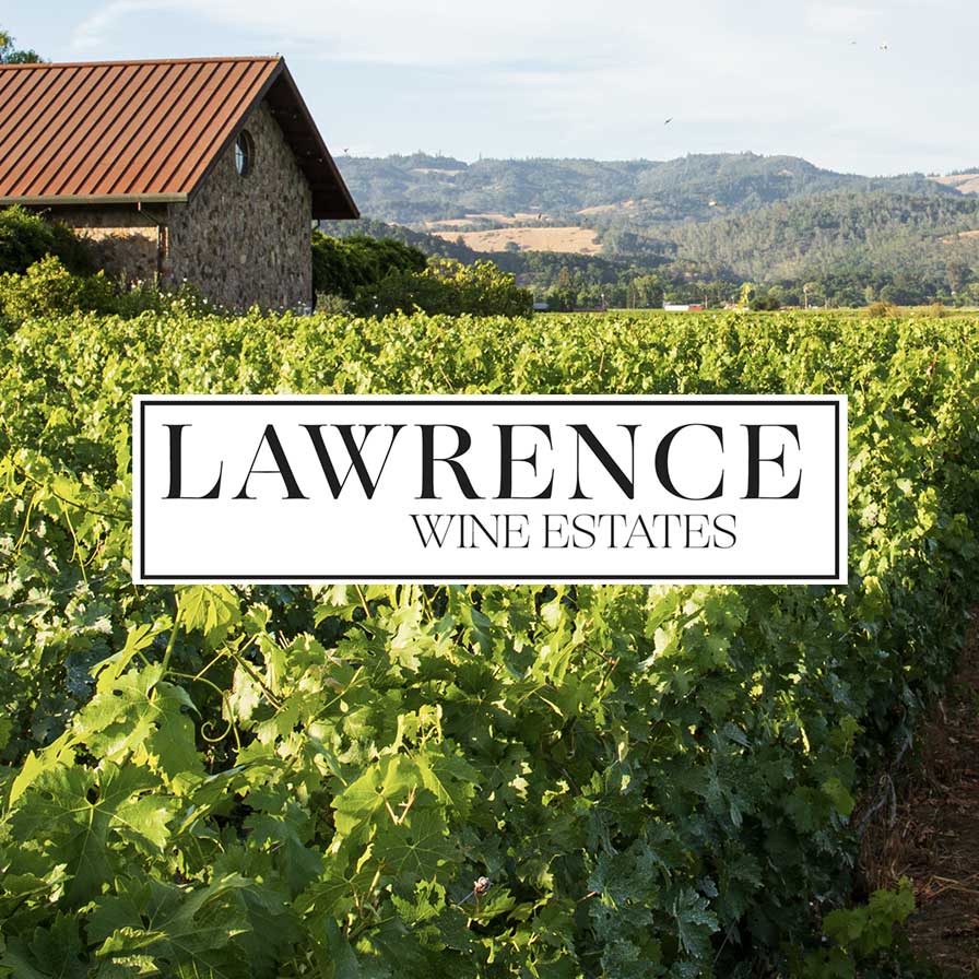 Background photo of winery grapevines with Lawrence Wine Estates logo overlayed.