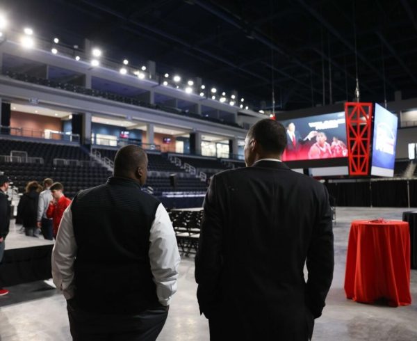 APSU Athletics Director Gerald Harrison, left, welcomes new men’s basketball coach Corey Gipson to the F&M Bank Arena on March 14, 2023.