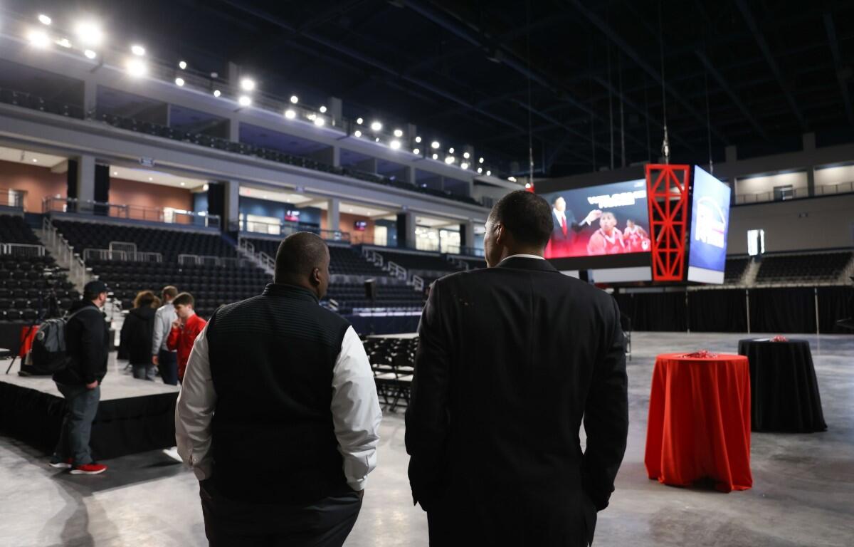 APSU Athletics Director Gerald Harrison, left, welcomes new men’s basketball coach Corey Gipson to the F&M Bank Arena on March 14, 2023.