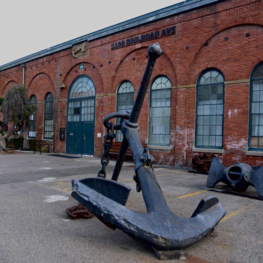 View of anchor at Railroad Ave building on historic Mare Island.