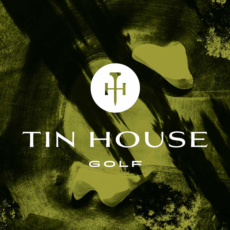 Overhead shot of the Tin House golf course with white logo overlayed.