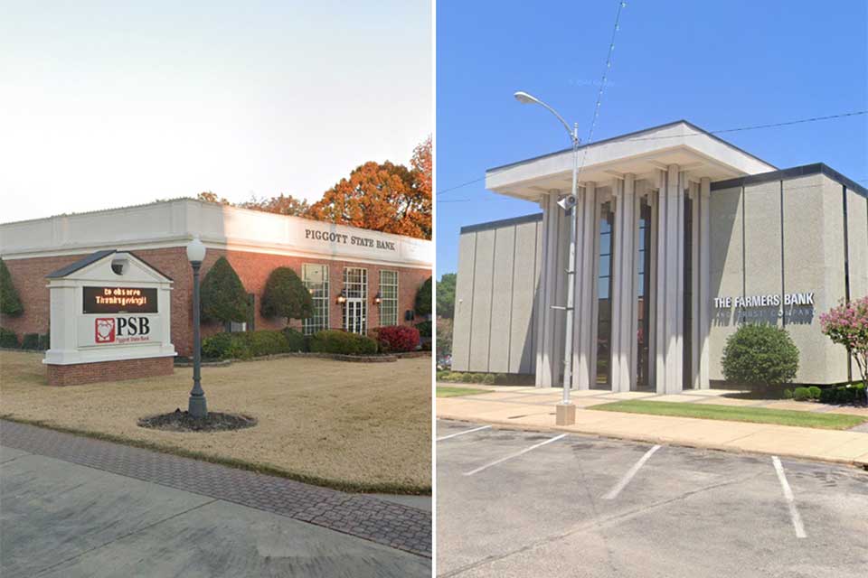 Exteriors of Piggott State Bank and Farmers Bank & Trust